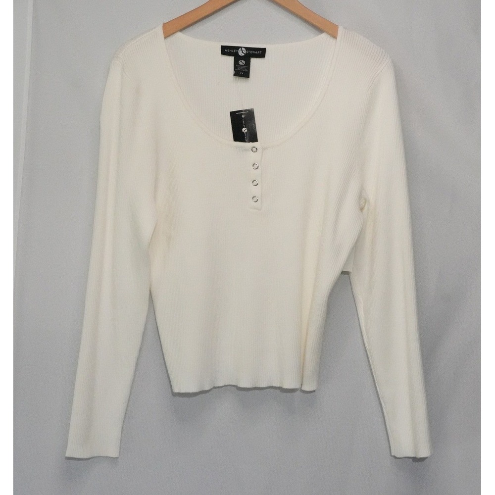 Ashley Stewart Knit Top Women Size 2X White Ribbed‎ Long Sleeve Snap Neck